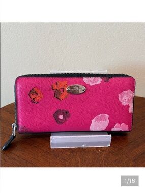 Coach long wallet  Zip-Around Wallet hot pink floral/white black orange coated c